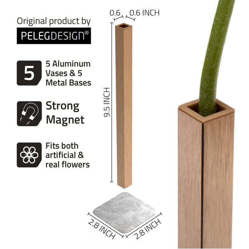 PELEG DESIGN Magnetic Bud Vase Set (Gold) - Unique Home Decor Gift & Modern Table Centerpiece - 5 Aluminum Single Stem Vases - 9.4" Tall Gravity Defying Decor