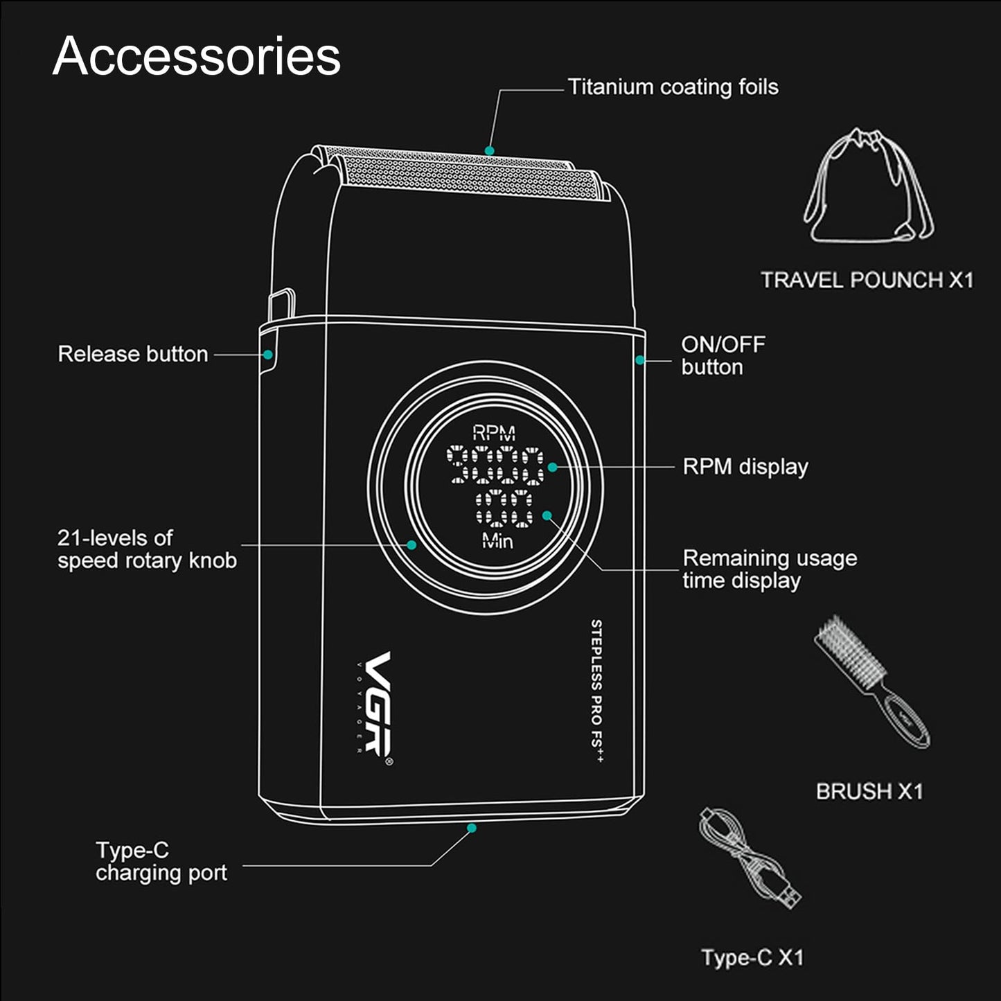 VGR 377 Foil Shaver for Men, Electric Razor for Shaving Face with Double Foil, 21-Speed 9000 RPM Motor Bald Shavers LED Display Titanium Foils, Barber Supplies (Black), Men's Gifts