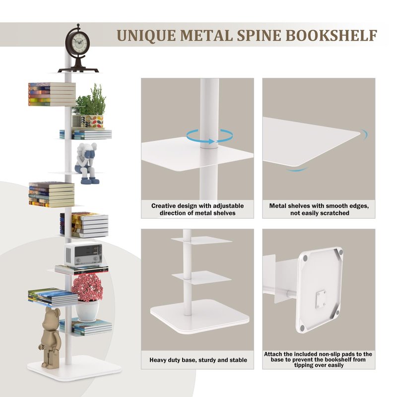Nynelly 9-Tier Metal Spine Bookshelf - Heavy Duty Vertical Book Tower, White Open Bookcase, Floor Standing Tall Narrow Book Shelf for Small Space Living Room Office Decor, Industrial Book Organizer