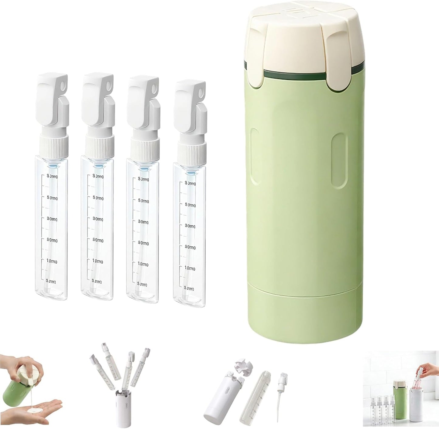 Travel Toiletry Dispenser Set - 4 in 1 Refillable 30ML Travel Bottles for Shampoo & More | Green