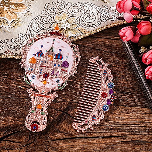 Vintage Handheld Makeup Mirror and Comb Set - Embossed Metal Vanity Gift