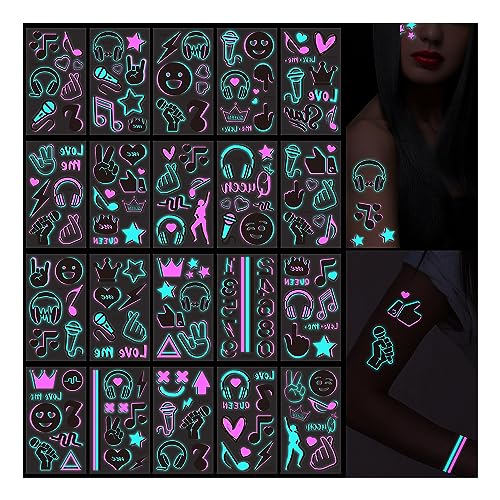 Music Festival Glow in the Dark Tattoos - 20 Sheets with 160 Designs
