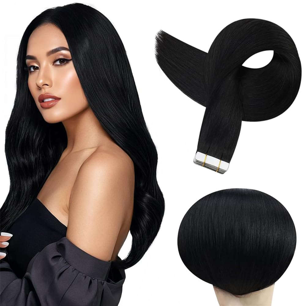 #1B Tape in Extensions Human Hair 16 Inch Natural Black Straight Tape in Seamless Extensions Real Human Hair Skin Weft Seamless Invisible Remy Hair 40g 10Pcs.