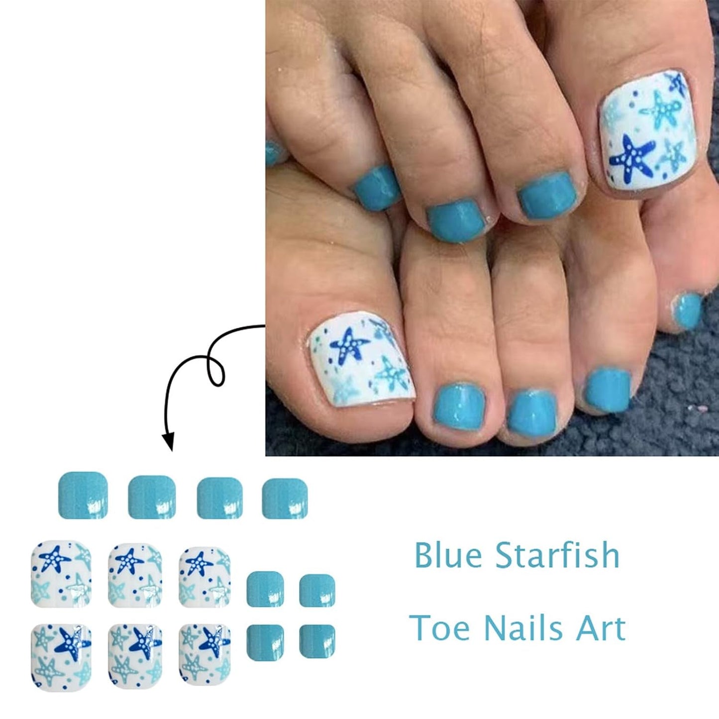 Press-On Toenails - Blue Starfish Short Square Acrylic Tips | Reusable Summer Beach Nails - 24 Pcs