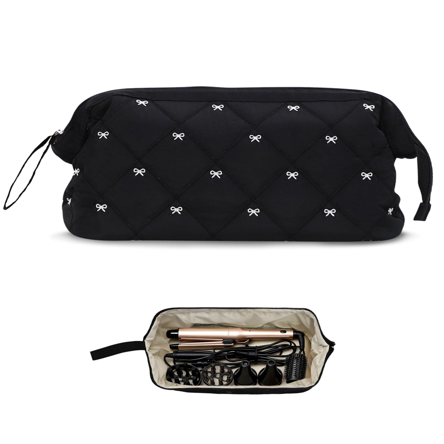 Stratalife Quilted Hair Tools Travel Bag with Polishing Cloth Compatible with Dyson Airwrap Shark Flex Style, Portable Toiletry Bag Hair Dryer Curling Iron Carrying Case Travel Essentials Black Bow
