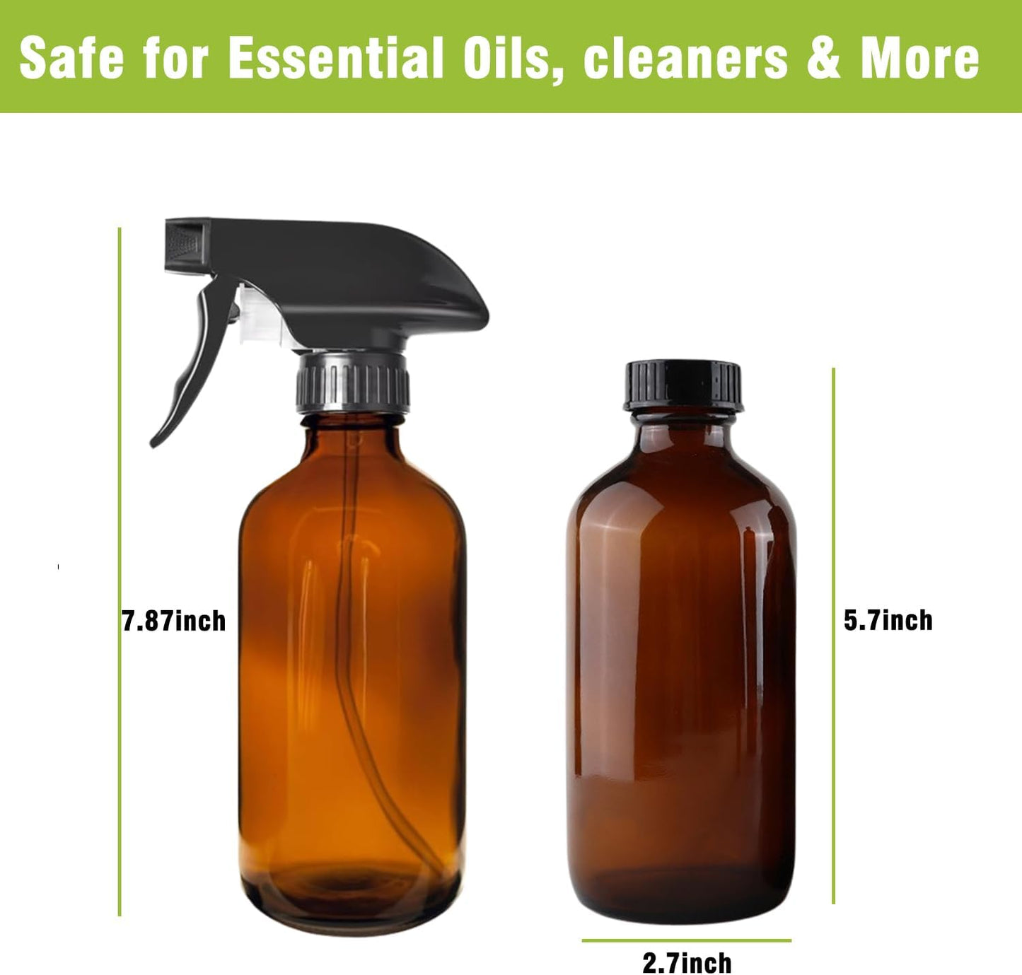 Amber Glass Spray Bottles - 8OZ Refillable Essential Oil & Cleaning Solution Sprayers | 2 Pack with Fine Mist Nozzle