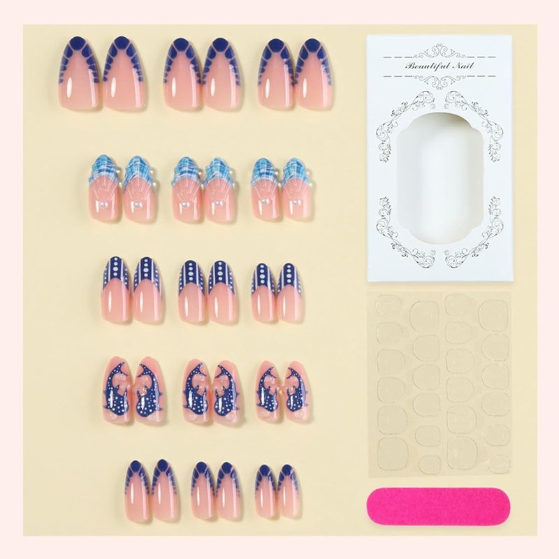 3D Ocean Shark Press-On Nails - Blue French Tip with Polka Dots | Almond Shape, 30 Pcs for Parties & Vacations