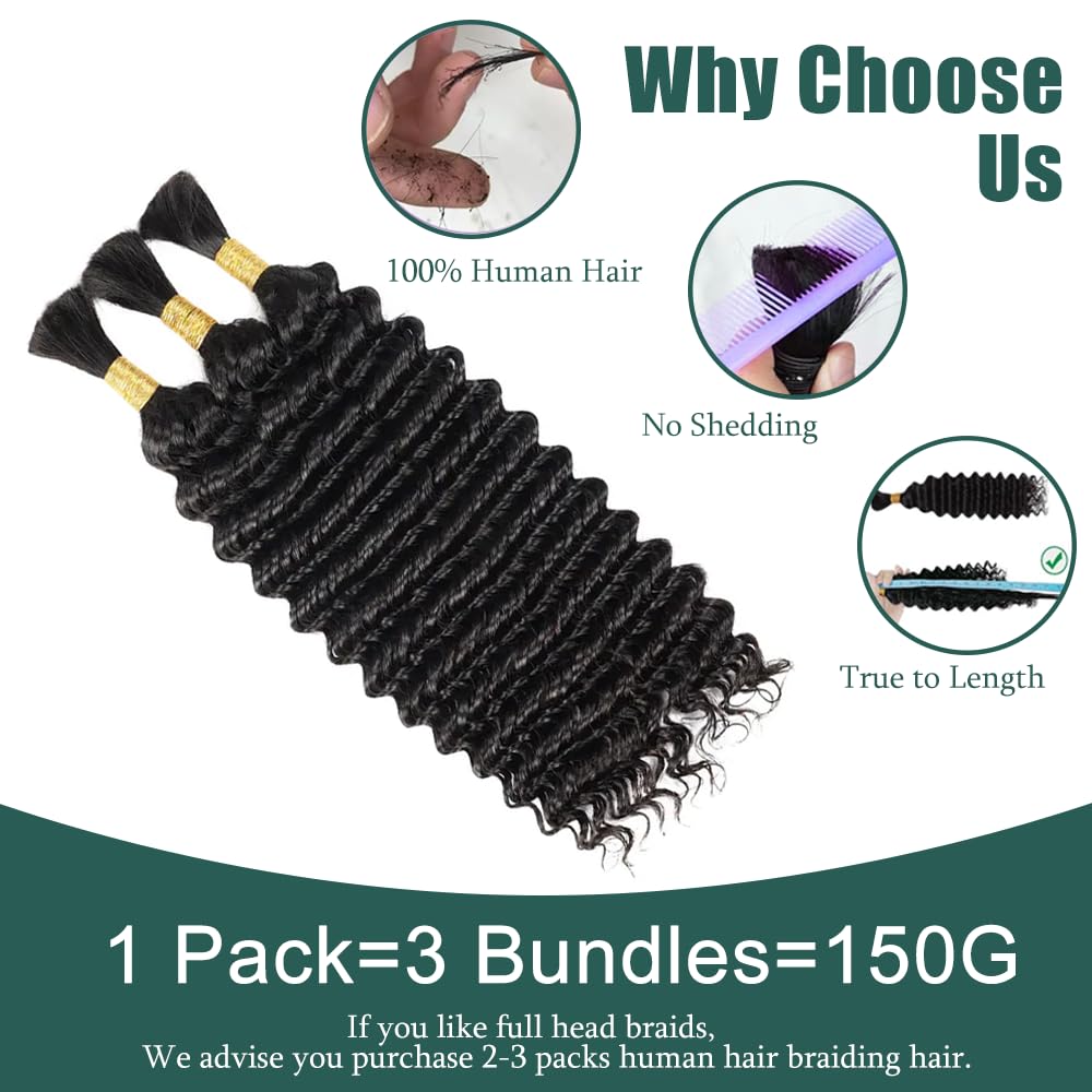 Braiding Hair Deep Wave Bulk Human Hair 22 Inch Natural Black Deep Wave Bulk 3 Bundles No Weft Brazilian Virgin Wet and Wavy Bundles