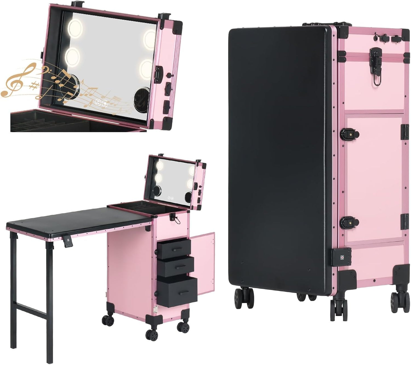 Portable Nail Desk - Foldable Manicure Table with 3 Drawers & Mirror | Mobile Nail Tech Workstation with Wheels, Black