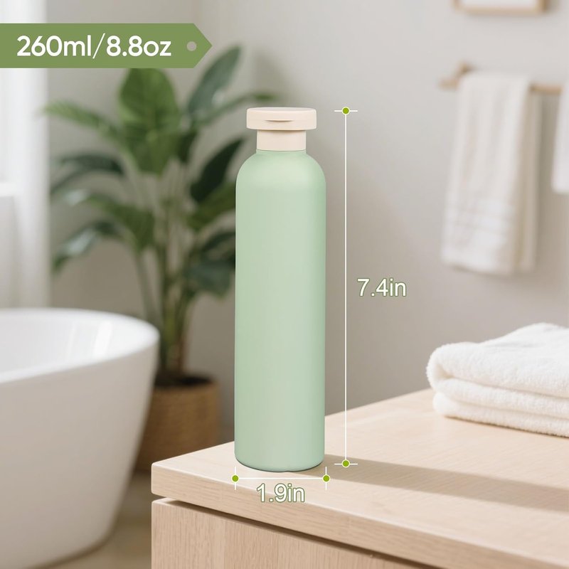 Demora Travel Bottles - Leak Proof 8.8oz Refillable Toiletry Containers | Green, 4 Pack with Flip Caps & Labels