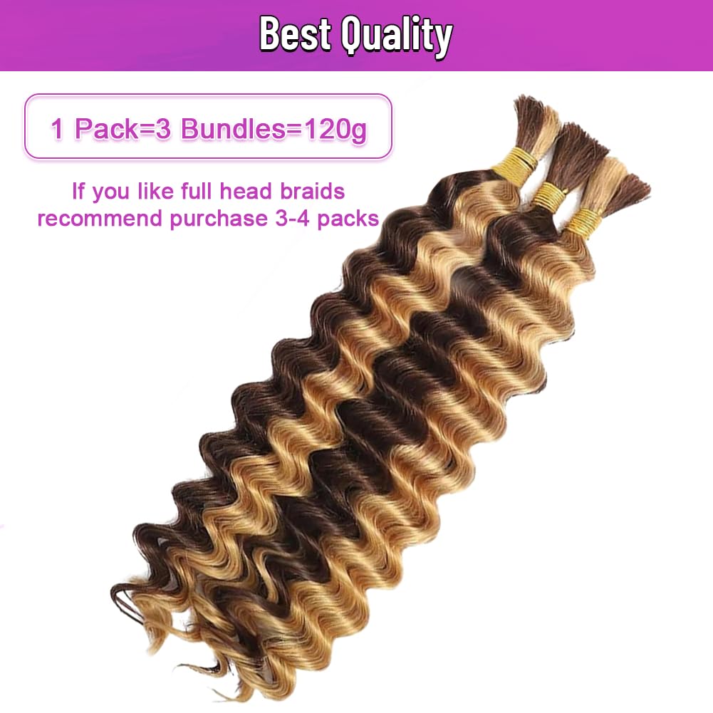 Human Braiding Hair for Boho Braids 120g Highlight Boho Bulk Human Hair for Braiding Curly Deep Wave Bundles Ombre Human Hair Bundles Wet and Wavy Bohemian Braids No Weft 3 Bundles 4/27 Color 22 Inch