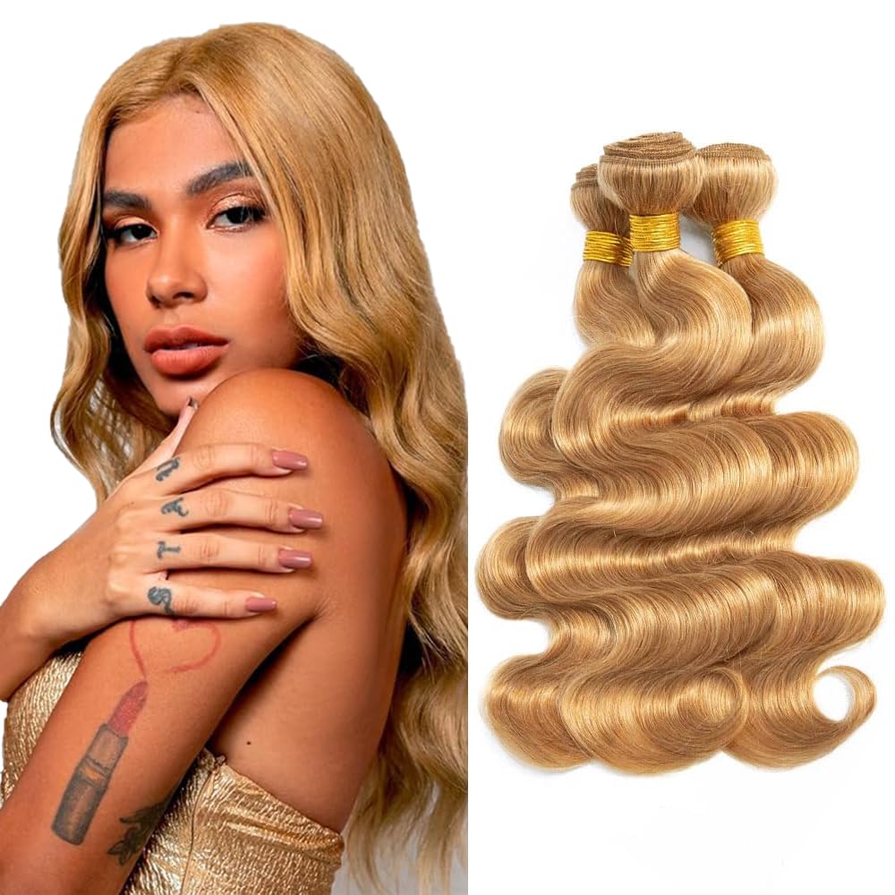 300g Blonde Bundles Human Hair Honey Blonde Body Wave Bundles 16 18 20 inch #27 Body Wave Bundle Double Weft 300g
