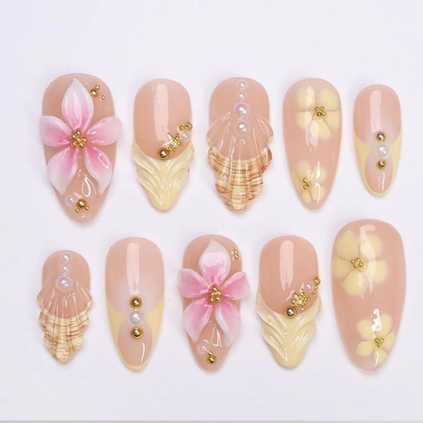 Press-On Nails - 30 Pcs Pink Flower French Tip Design | Short Almond 3D Floral Full Cover Acrylic Set