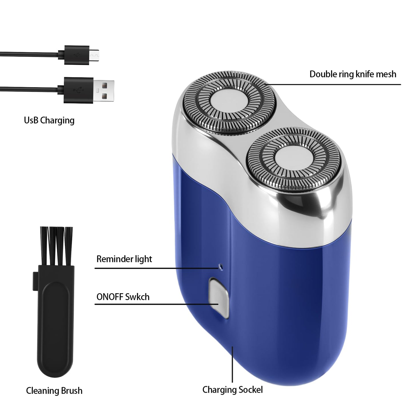 2026 New mini Electric Shaver for Men, Upgrade Pocket Dual Head Shaver, Portable Razor for Men, Rechargeable Waterproof Compact Travel Electric Razor, USB Close Battery shavers (Blue)