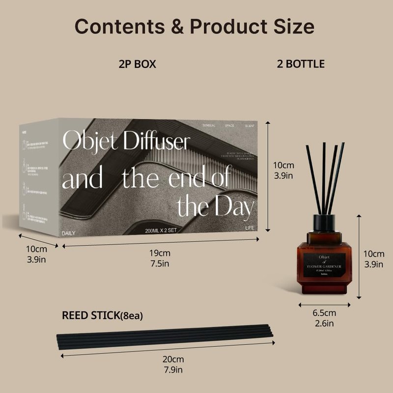 hetras Objet Diffuser Set (Soosunhwa Scent)–Decorative Aesthetic Home Fragrance | 2-Pack (6.7 fl.oz Each) with 8 Reed Sticks | Spring Floral Narcissus & Powdery Musk Aroma | Minimalist Decor & Gift