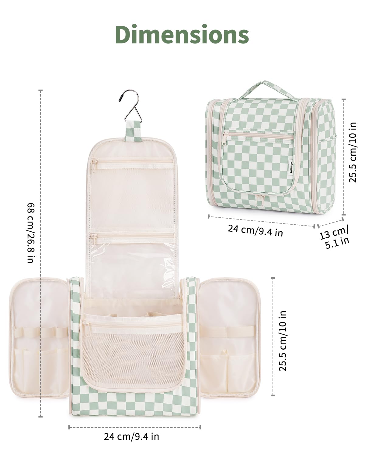 Narwey Travel Toiletry Bag for Women, Checkered Large Hanging Makeup Bag Organizer Cosmetic Make up Bags for Women, Travel Bag for Toiletries (Mint Green Checkerboard)