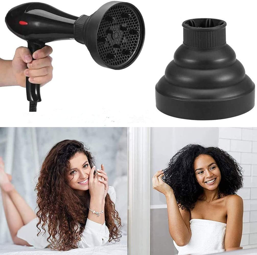 Hair Diffuser Attachment for Curly Hair - Collapsible & Portable Design | Fits 1.65-1.9In Hair Dryers (Black)