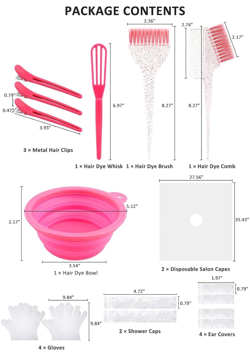 19PCS Hair Bleach Dye Kit - Complete Set with Brush, Bowl, Clips & Protective Gear | Ideal for Home Hair Coloring & Highlighting (Pink)