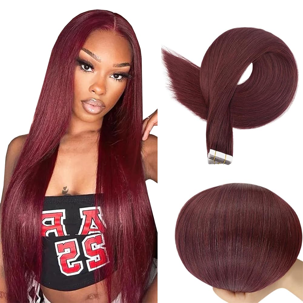 HuxoWax 26 Inch #99J Burgundy Red Straight Tape In Human Hair Extensions Double Weft Weave 10 Packs Total 40g Invisible Human Hair Tape In Extensions #99j Wine Red Color