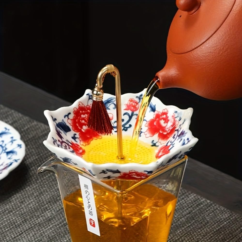 Ceramic Umbrella Tea Strainer with Tassel Chinese Traditional Style Tea Infuser, Ceremony Accessories with Tassel(Blue Flower)