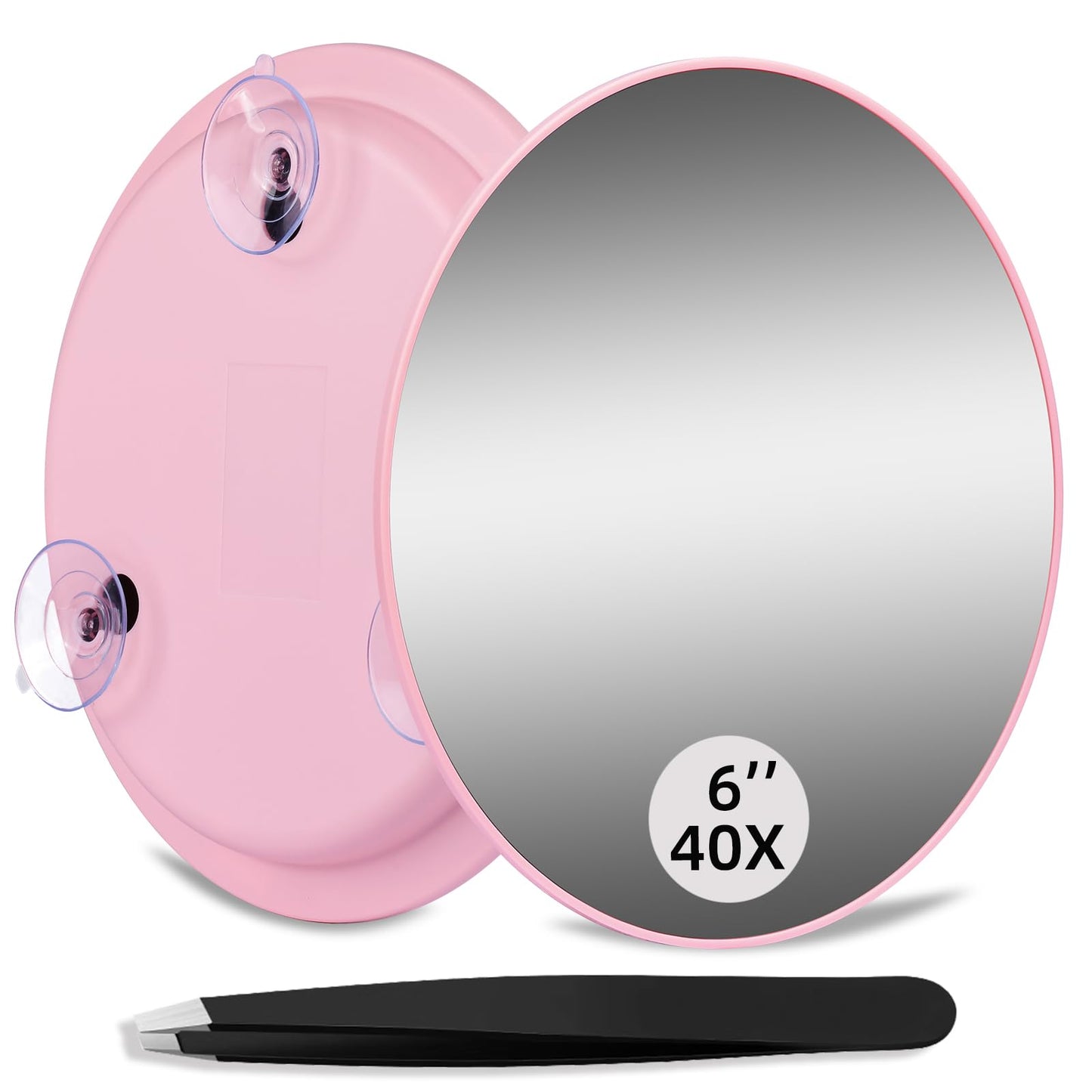 JJhxr 40X Magnifying Mirror, Round 40X High Power Magnification 6inch Large Travel Magnifying Mirror with 3 Suction Cups Mounting, Powerful Makeup Magnification with Tweezers Set