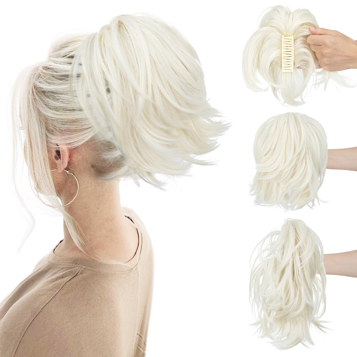 CJL Hair Claw Clip Short Ponytail Extensions - Bendable Metal Messy Bun Piece | Wavy Curly Synthetic Hair, Ash Grey