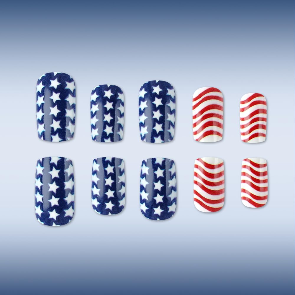 24Pcs 4th of July Press on Nails Medium Square Fake Nails with Star Designs Patriotic Glossy False Nail Fourth of July Nails - 4th of July Nails for Women Girls