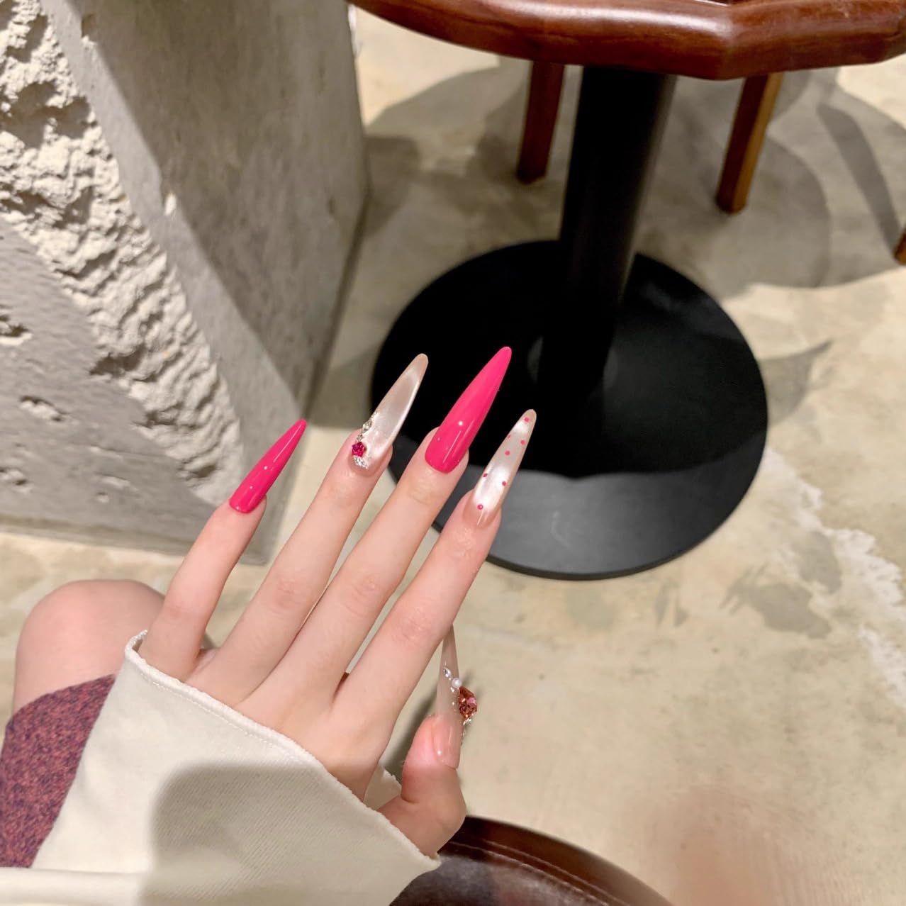 Glam Silver Coral Press On Nails - Heart Rhinestone Extra Long Stiletto Fake Nails | Reusable Manicure Set (L)