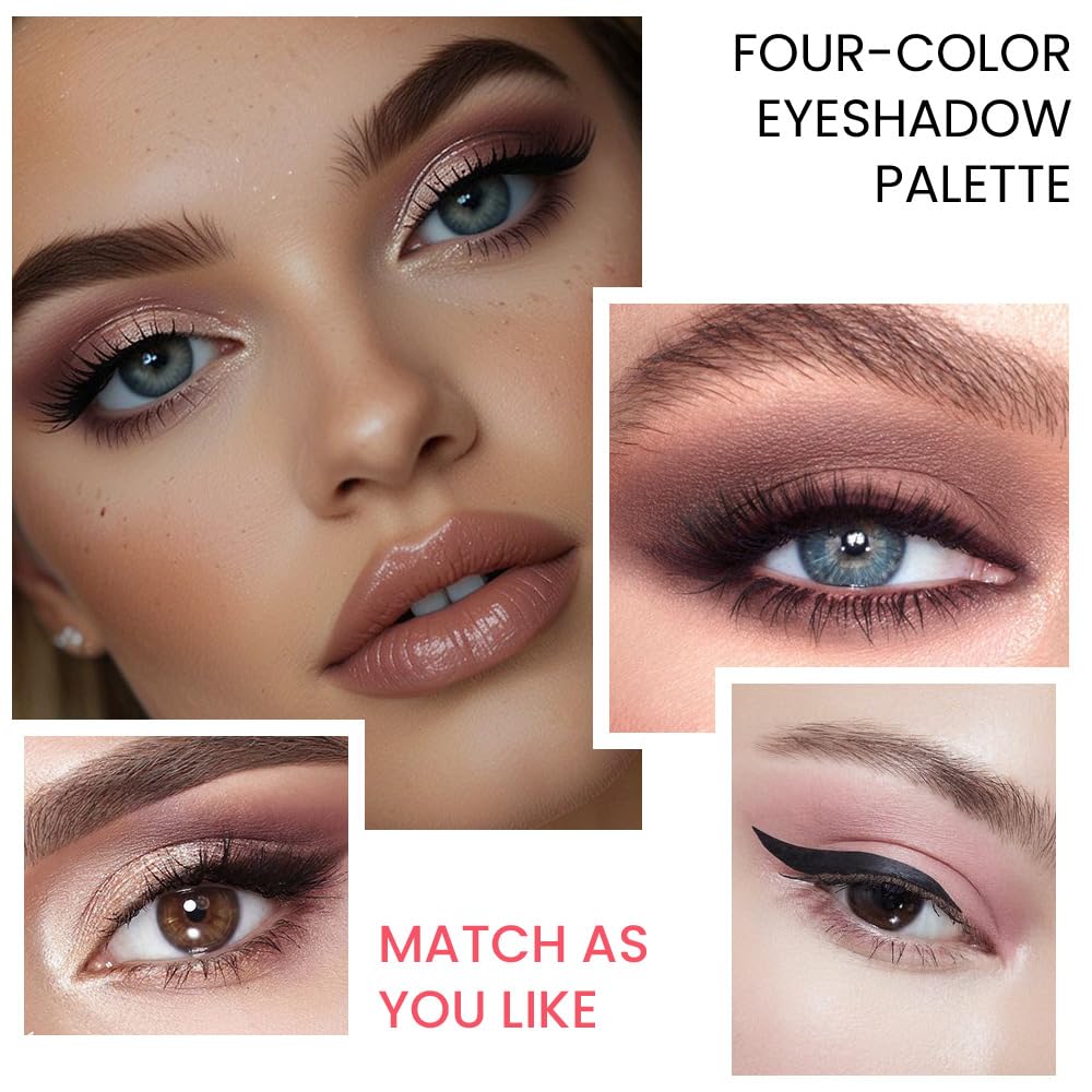 Nude Eyeshadow Quad Palette - High Pigment Mini Makeup with Champagne, Dusty Pink, Plum, and Mauve | Travel Size with Mirror