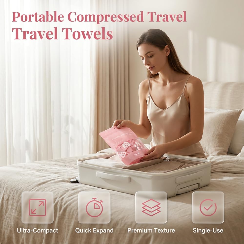 Compressed Towels 30 Pack, 2026 New Portable Travel Towels, Soft Compressed Face Towels for Camping, Compact Coin Tissues for Outdoor Use, Disposable Face Towel for Travelers (Pink, 30 Pcs)