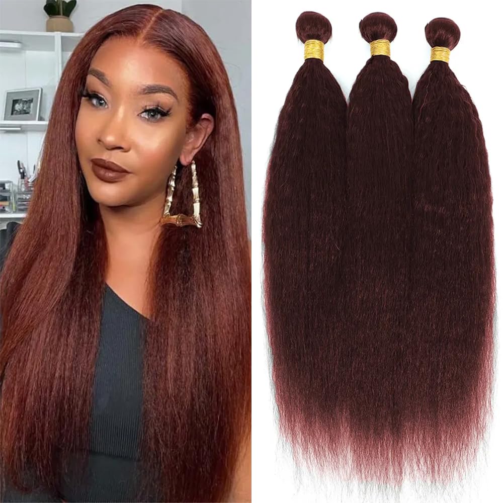 Color 33 Copper Red Kinky Straight Bundles Human Hair Reddish Brown Yaki Straight Bundles Double Weft Brazilian Virgin Reddish Brown Human Hair Extensions Silky and Soft for Black Women 10 12 14 inch