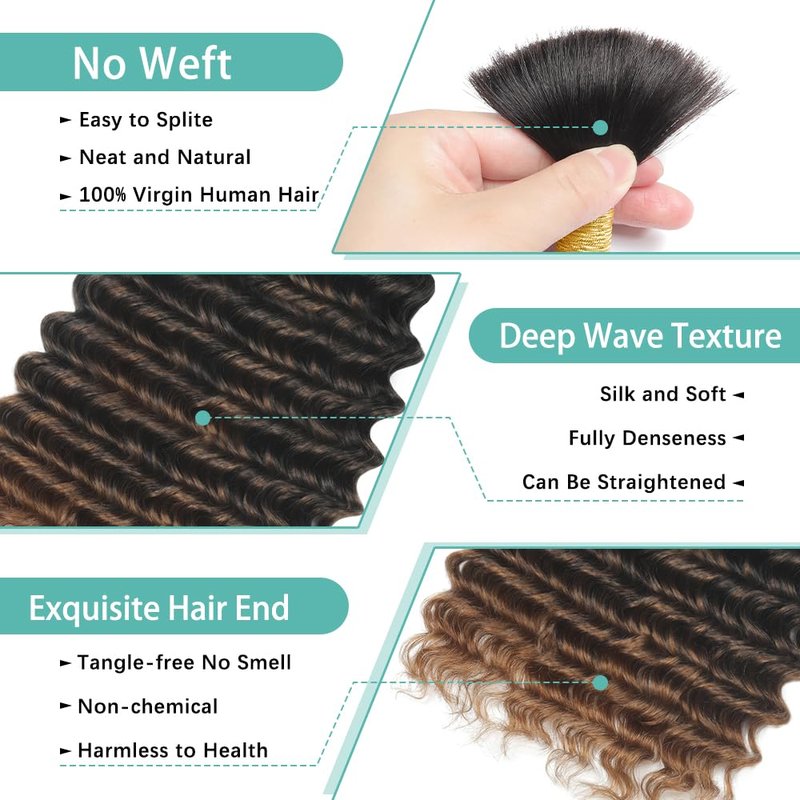 Human Braiding Hair - T30 Ombre Deep Wave Extensions | 18 Inch, 150g, 6 Bundles for Boho Braids