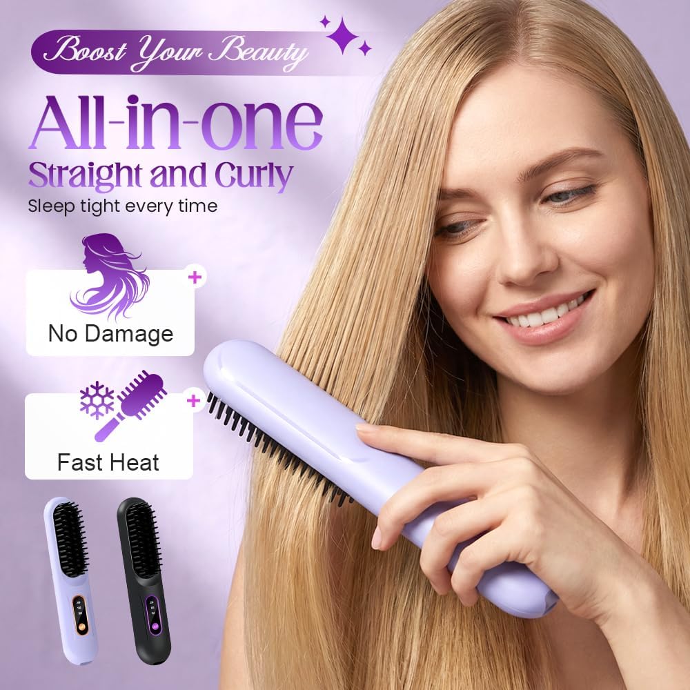 Portable Straightener Brush - Cordless Ionic Ceramic Hair Tool for Long Hair | 30s Fast Heat, 3 Temp Settings, USB-C Rechargeable (Purple)