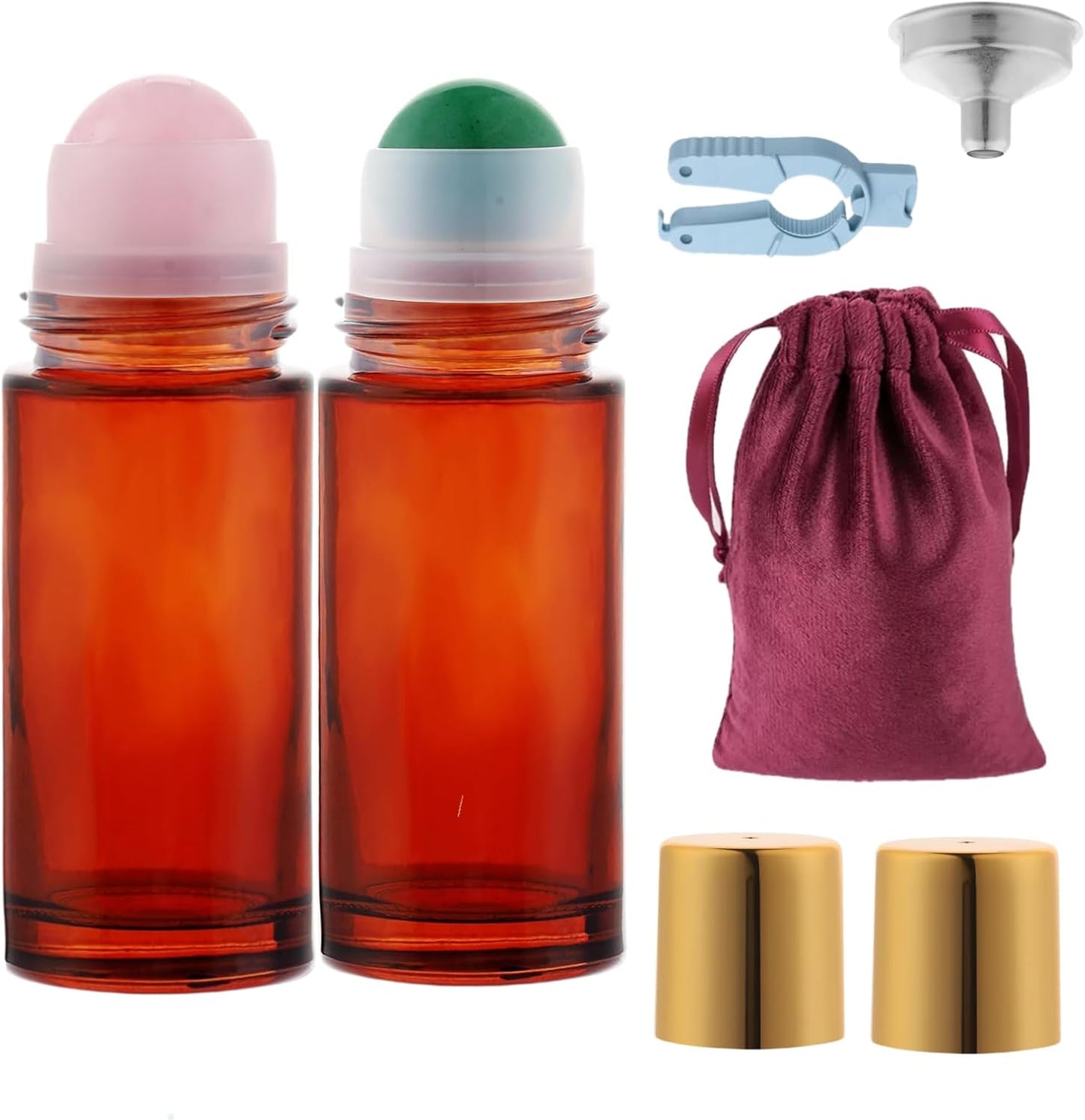 Rose Quartz Roller Ball Applicator - 50ml Refillable Amber Glass Perfume Bottle | Leak-Proof Travel Design with Gold Caps