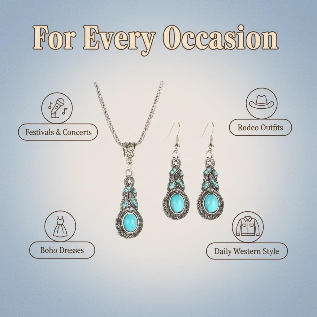 2-Piece Turquoise Style Jewelry Set for Women – Vintage Western Necklace and Drop Earrings – Boho Teal Statement Accessories