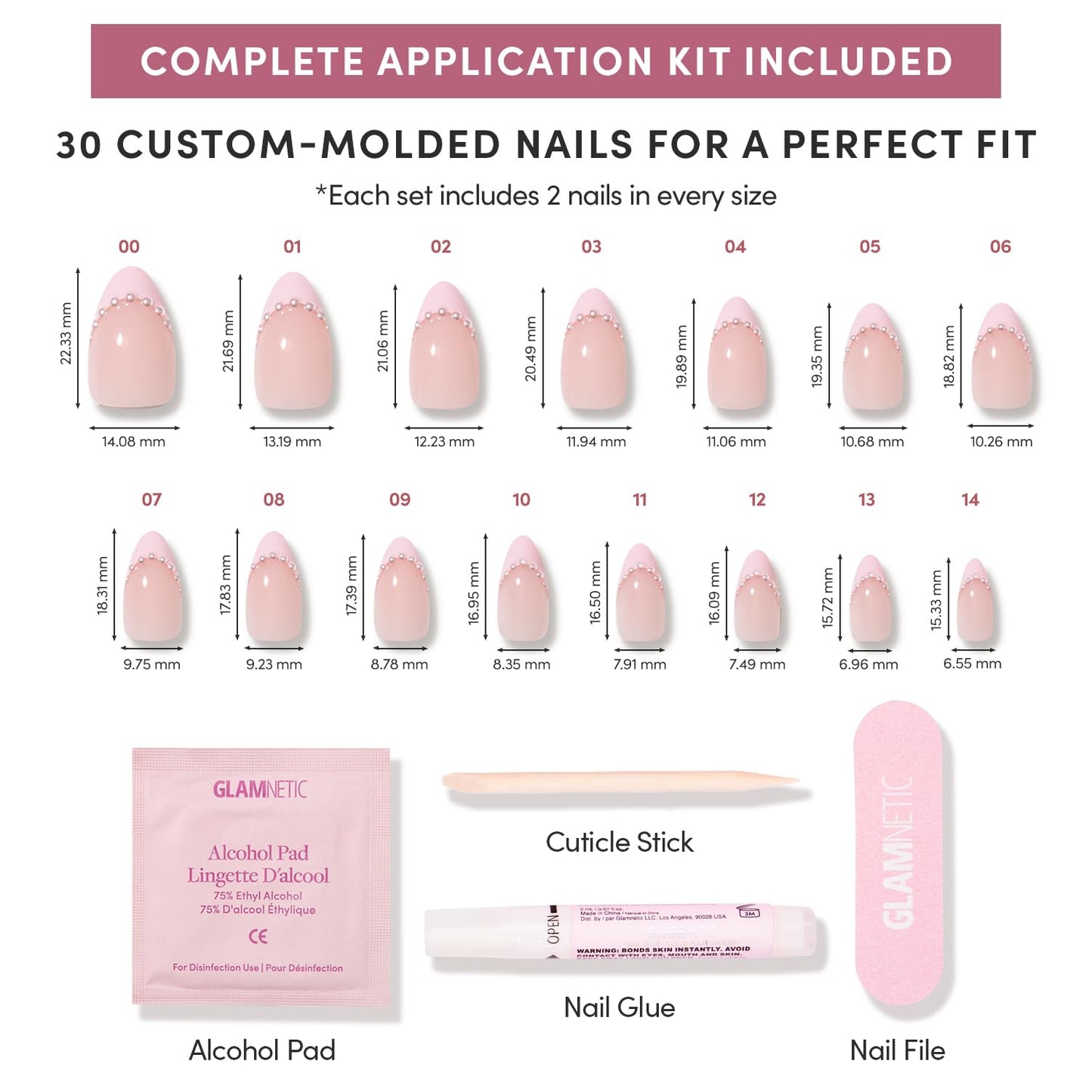 Glamnetic Press-On Nails - Pink Me Up Spring Almond Nails | Pastel Pink French Tips with 3D Pearls - 30 Nail Kit, 15 Sizes