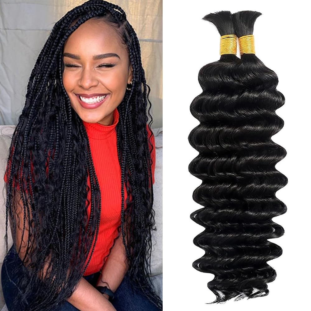 Human Braiding Hair for Boho Braids Deep Wave Bundles Human Hair 22 22 Inch 2 Bundles Natural Black Curly Braiding Hair for Boho Braids