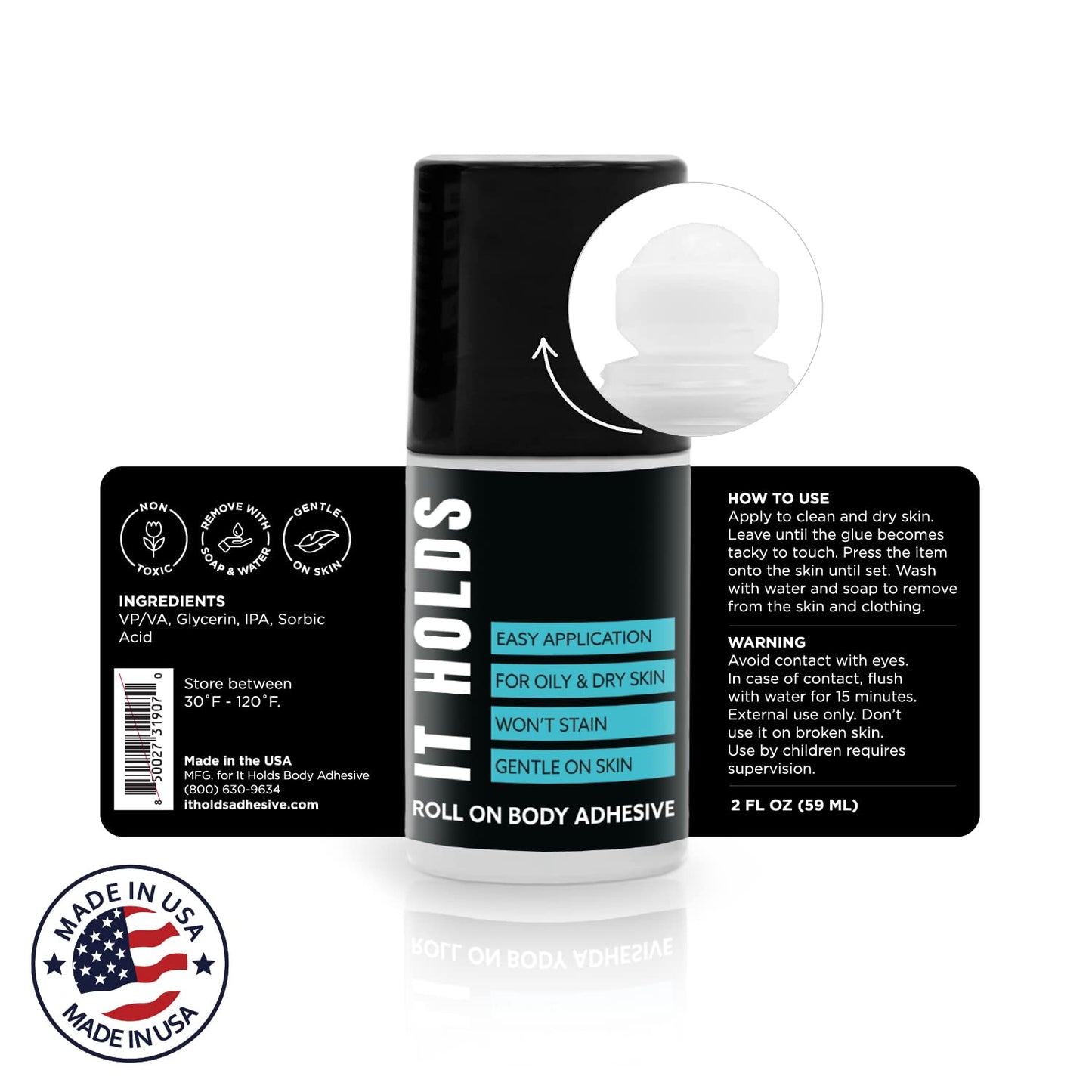 Fabric & Body Adhesive Roll-On Glue - Sweat Resistant Fashion Tape for Skin, Clothing, Lace Wigs | 2oz