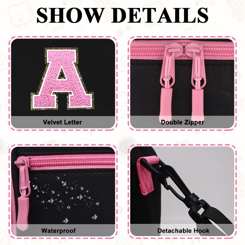 KAHEAUM Insulated Lunch Bag with Water Bottle Holder - Black & Pink