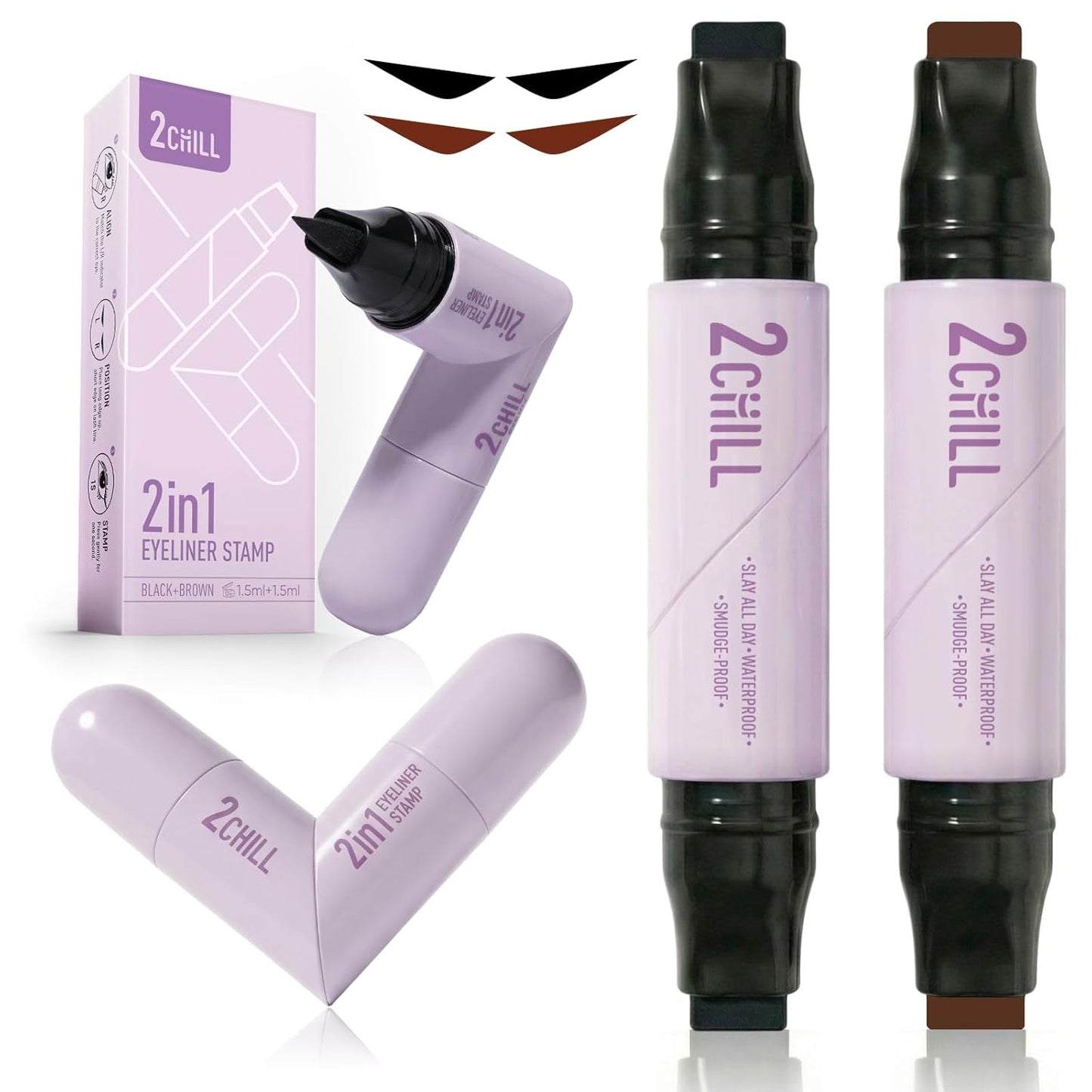 2CHILL Dual-Ended Rotating Eyeliner Stamp Pen Set - Waterproof, Smudge-Proof | Black & Brown