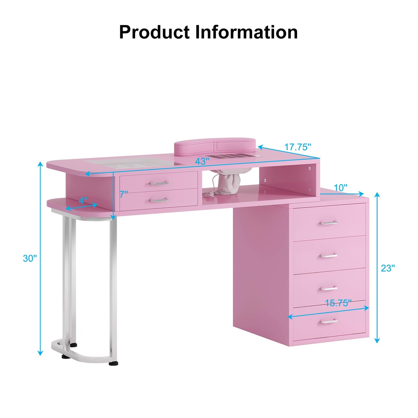 TABU Professional Manicure Table, Large Nail Table for Nail Tech with Pull-Out Drawers& Opening Storage Cabinets, Nail Workstation with Dust Collector, Wrist Cushion, Pink