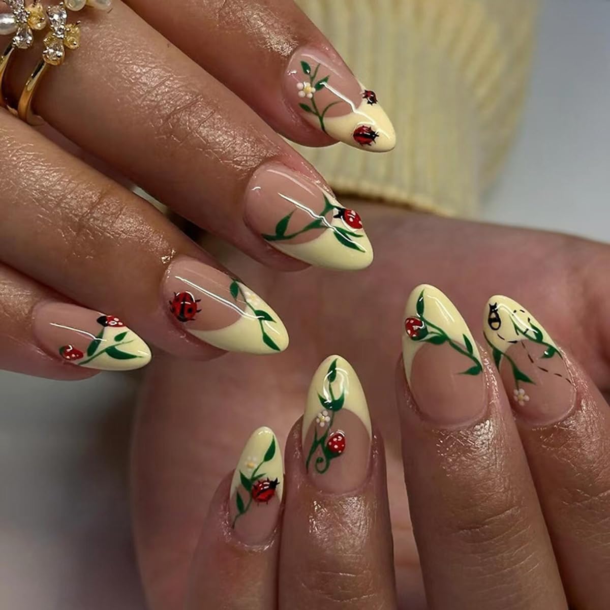 Almond Yellow French Tip Press-On Nails - Ladybug & Green Leaves Design | Reusable Full Cover 24 Pcs for Spring/Summer Manicure