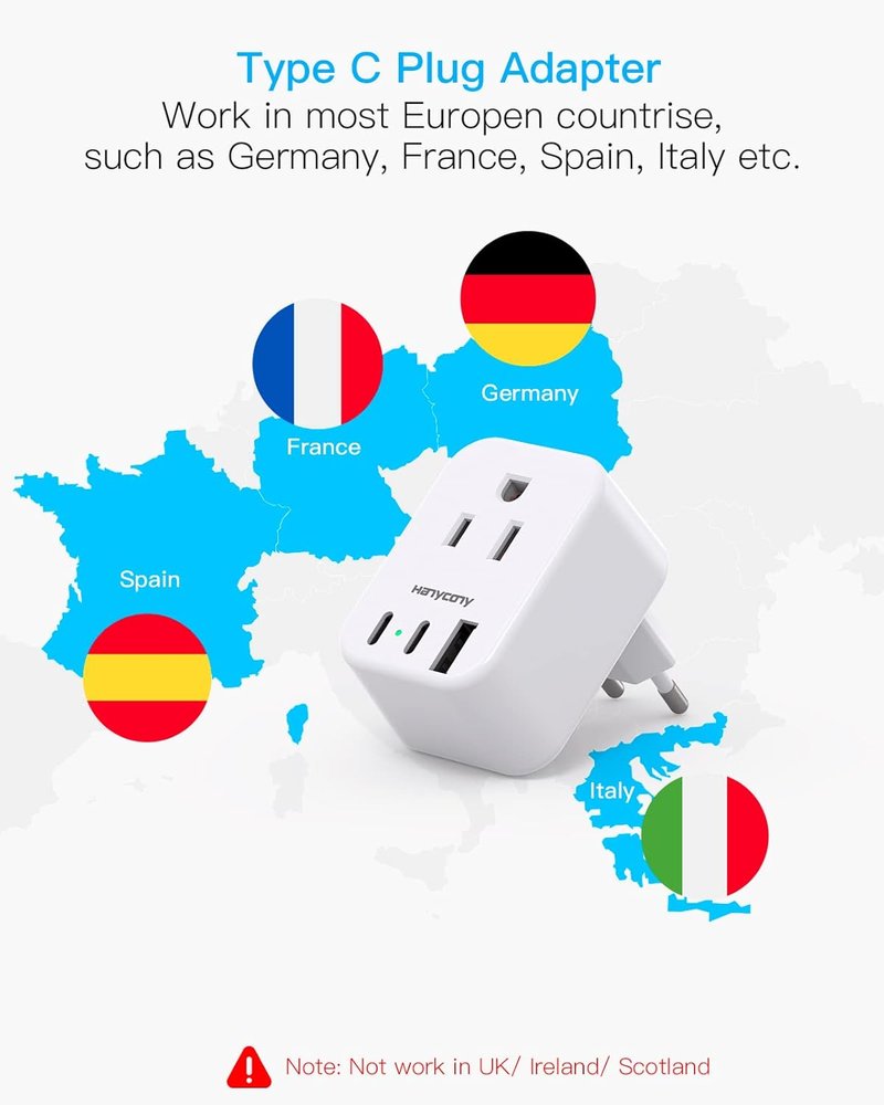 Travel Plug Adapter - USB C International Converter for Europe | 2 Outlets & 3 USB Ports for Italy, Spain, France, Germany