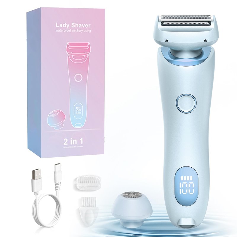 Nyywth Electric Shaver for Women, Painless 2 in 1 Wet & Dry Waterproof Silk Glide Pro Shaver with 2 Removable Heads, Rechargeable Electric Razors for Bikini, Legs, Underarms, Body (Blue)