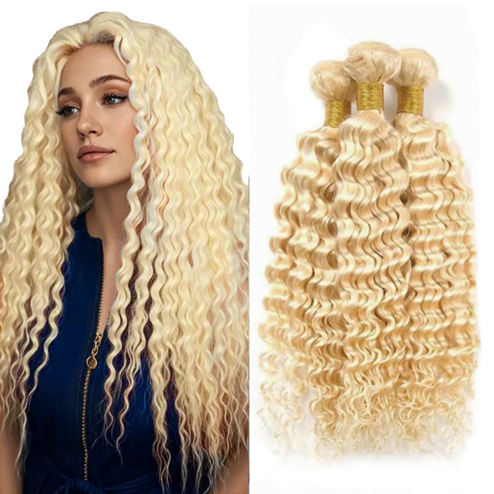 300g 30 30 30 Inch Blonde Bundle 613 Deep Wave Human Hair Bundles Unprocessed Virgin Hair 3 Bundles Honey Blonde Deep Wave Bundle Hair Weave