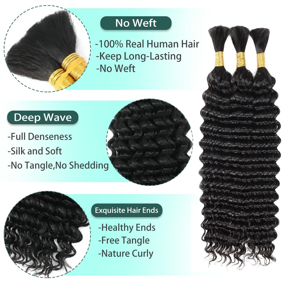 Braiding Hair Deep Wave Bulk Human Hair 22 Inch Natural Black Deep Wave Bulk 3 Bundles No Weft Brazilian Virgin Wet and Wavy Bundles
