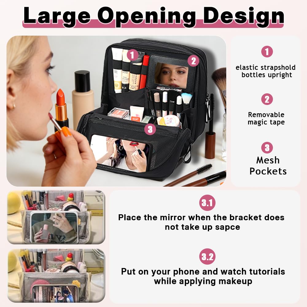 Geerlaqaly standing makeup bag, toiletry Bag 2-in-1 Women's Large Capacity Foldable Travel Makeup Storage Bag, Dry wet separation layer,Portable,khaki