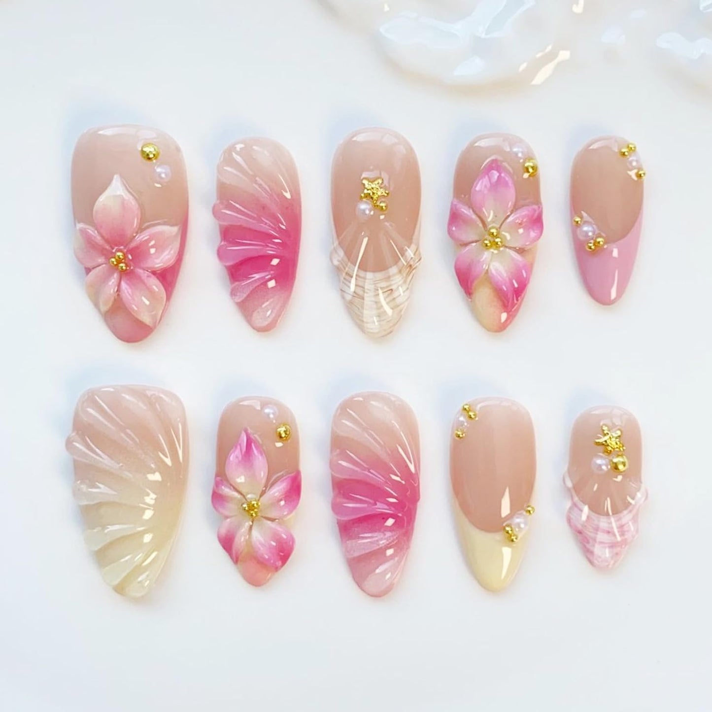 Summer Beach Press-On Nails Set - 24Pcs Medium Almond Floral Design with 3D Starfish & Seashell | Full Cover Ocean Manicure for Women