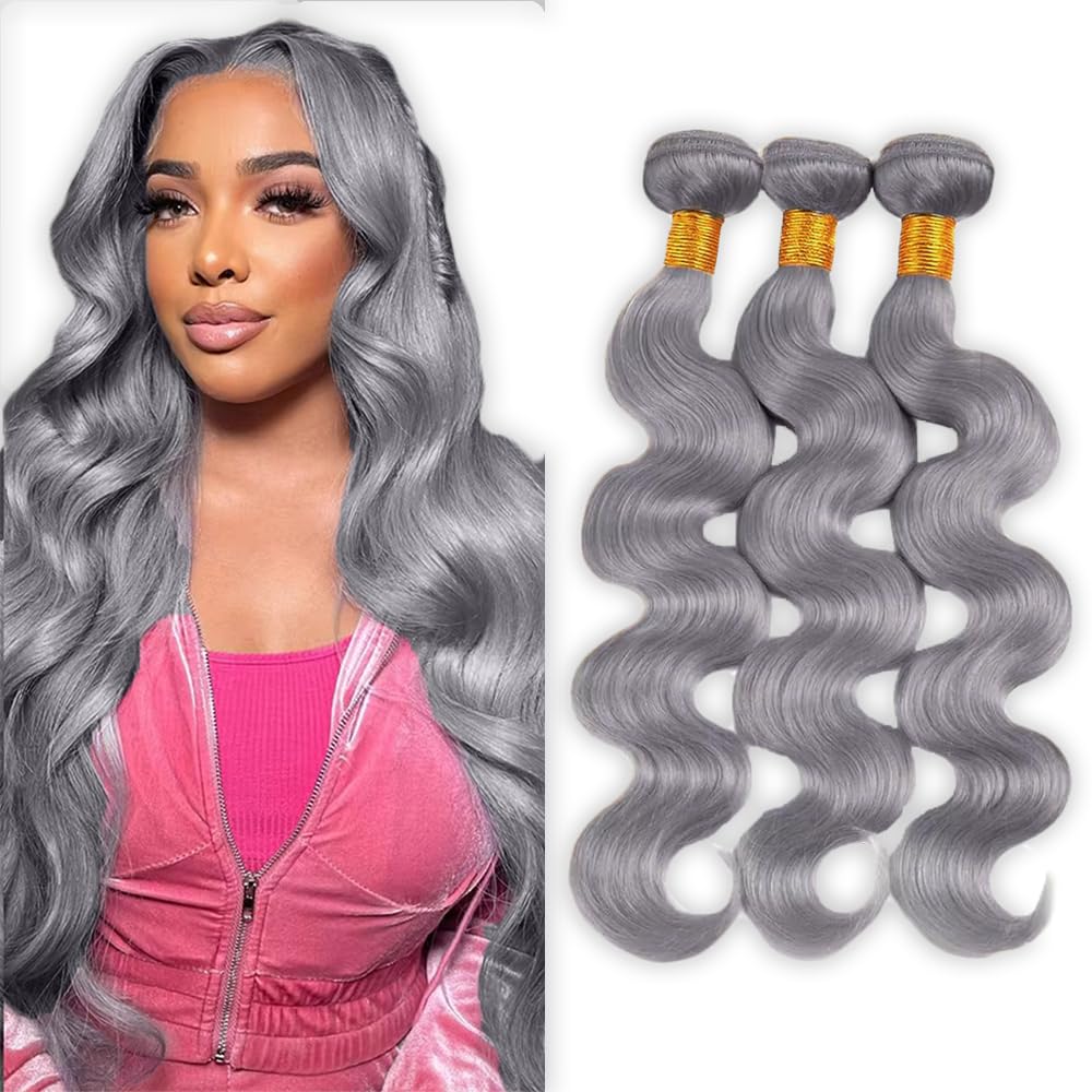 20 22 24 Inch Gray Bundles Body Wave 3 Bundles Human Hair Brazilian Remy Hair 50 Grams/Bundle 10A Grade Unprocessed Virgin Hairs Silver Grey Color Body Wave Bundle Weaves Extensions