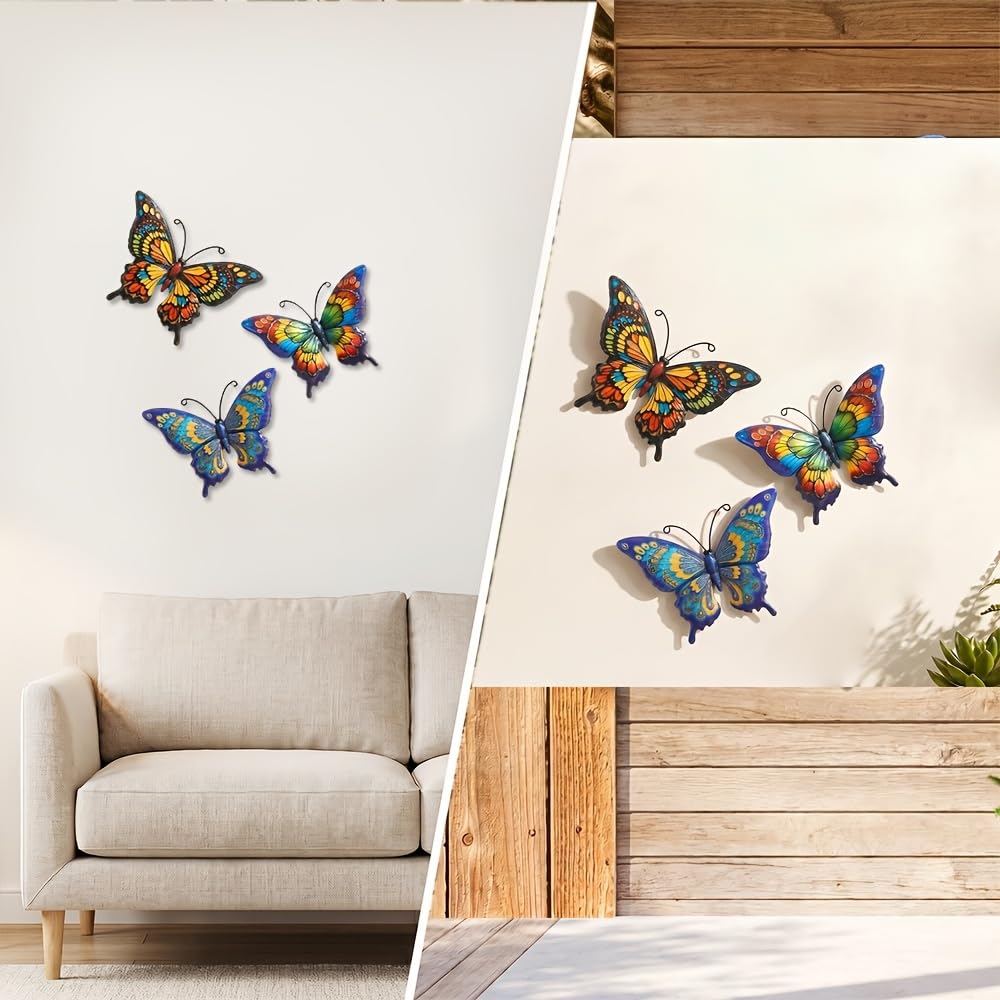 3Pcs 3D Metal Butterfly Wall Decor, Outdoor & Indoor Wall Art, Garden Patio Yard Balcony Fence Decorations, Wrought Iron Butterfly Sculpture, Hanging Metal Wall Art for Porch Living Room Bedroom